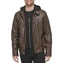 Calvin Klein Men's Faux Lamb Leather Moto Jacket with Removable Hood and Bib, Brown, Small