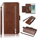 EYZUTAK Wallet Case for iPhone 6 iPhone 6S, 5 Card Slots Magnetic Closure Zipper Pocket Handbag PU Leather Flip Case with Wrist Strap TPU Kickstand Cover for iPhone 6/6S - Brown
