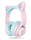 iClever - Cuffie Bluetooth per bambini a forma di orecchie di gatto, con illuminazione LED, senza fili, pieghevoli, limitatore a 85 /94dB per scuola/scrivania/PC (rosa)