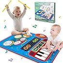 PRAGYM Baby Toys for 1 Year Old Boys & Girls, 2 in 1 Musical Toys, Toddler Piano & Electronic Drum Mat with 2 Sticks, Learning Floor Blanket, Birthday Gifts for 1 2 3 Year Old Boys & Girls