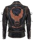 Vintage Noir Brando «Live to Ride» pour Hommes en Relief Eagle en Cuir Moto Motard Veste XL
