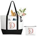 Large Can-vas Tote Bag for Women, Floral Ini-tial Beach Bag w Makeup Bag, Personalized Friend 60th Birthday Couples Bridal Shower Sister Mom Grandma Gifts w Inner Pocket, Top Zi-pper, Gift Box, Card D