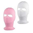 SUNTRADE 2-Hole Knitted Full Face Cover Ski Mask, Winter Balaclava Beanie for Outdoor Sport,Set of 2, Pink+white, One Size