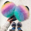 Real Farm Fox Fur Slides Furry Flat best sale Female Cute Fluffy House Shoes New