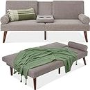 Best Choice Products Mid-Century Modern Upholstered Futon, Convertible Folding Sofa Bed, Small Couch w/Rounded Armrests, 2 Cupholders - Gray
