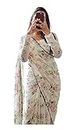 ROOP SUNDARI SAREES Women's Readymade Pleated Pre Drape Stitched Floral Printed Georgette Saree For Women With Lace Border & Solid Blouse (Ready To Wear One Minute White)