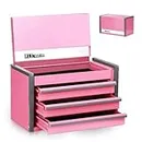P.I.T. Mini Pink Tool Box, Portable 3 Drawer Steel Tool Box with Magnetic Tab Locking, Pink Micro Top Chest with Liner for Tools Storage, Home DIY