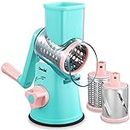 Geedel Kitchen Cheese Grater, Rotary Mandoline Vegetable Slicer with Interchangeable Blades, Easy to Use Rotary Grater Slicer for Fruit, Vegetables, Nuts (Blue + Pink)