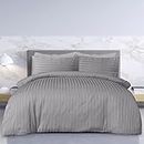 Sleepdown Set copripiumino con federe, in 100% cotone satinato a righe, di alta qualità, morbido, facile da pulire, lussuoso, grigio, per letto matrimoniale (200 x 200 cm)