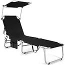 Goplus Tanning Chair, Foldable Beach Lounge Chair with 360°Canopy Sun Shade, Side Pocket, 5-Position Adjustable Outdoor Chaise Lounge Chair for Patio Pool Yard Lawn (1, Black)