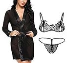 Xs and Os Women's Lace, Polyester Spandex Mix, Satin Nightwear Robe and Lace Bra Panty Set Lingerie Combo (Pack of 2 (Black), Free Size)