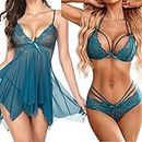 Firefigure Woman's Lace Printed Knee Length Babydoll Lingerie Set | Honymoon Dresses Pack of 2 Free Size (Navy Green)