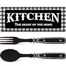 Kitchen Sign Set, Fork and Spoon Wall Decor Kitchen The Heart of The Home Sign Wood Rustic Buffalo Plaid Kitchen Decoration Farmhouse Kitchen Wall Decor for Home Housewarming Kitchen Decor, Black