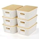 Plastic Storage Baskets With Bamboo Lid - Plastic Storage Containers Stackable Storage bins: Storage Baskets for Organizing Shelves Drawers Desktop Closet Playroom Classroom Office, 6 Pack