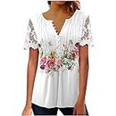 Stessotudo Womens Lace Tops 2023 Casual Short Sleeve Buttons V Neck Floral Print Blouses Loose Fit Ruffle Summer T Shirts