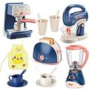 Blue Kids Assorted Kitchen Appliance Toys Includes Coffee Maker ,Blender,Fruit Machine and Toaster ,Apron and Cups,with Realistic Lights& Sounds,Learning Gift for Toddlers Baby Girls Boys