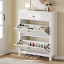 DWVO Narrow High 47.6 Shoe Cabinet w/ 2 Flip Drawer Slim White Shoe Storage Cabinet with Top Drawer, Large Adjustable or Removable Hidden Shoe Rack Free Standing Shoe Cabinet for Entryway