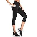 SIMIYA Womens Sports Leggings High Waist Fitness Capris Running Tights with Pockets 3/4 Length Slim Fit Cropped Yoga Pants Power Stretch Gym Trousers(Capris-Black,L)