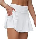 VUTRU Damen Tennisröcke Hohe Taille Tennis Skort mit Taschen Laufröcke Sport Golfrock mit Innenhose Weiß M