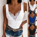 Women V-Neck Fashion Tunic Vest Tank Tops Tees T-Shirt Sexy Lace Pullover Tee 