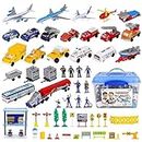 deAO Deluxe 55-Piece Kids Commercial Airport Set in Storage Bucket with Toy Airplanes, Play Vehicles, Police Figures, and Accessories, Multicoloured