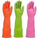Rubber dishwashing gloves 3 Pairs for kitchen,Cleaning washing dish gloves long for household reuseable durable.(Small,Multicolor)