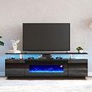AMERLIFE Fireplace TV Stand with 36" Fireplace, 70" Modern High Gloss Fireplace Entertainment Center LED Lights, 2 Tier TV Console Cabinet for TVs Up to 80", Obsidian Black