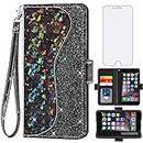 Asuwish Phone Case for iPhone 6plus 6splus 6/6s Plus Wallet Cover with Screen Protector and Flip Card Holder Bling Glitter Cell iPhone6 6+ iPhone6s 6s+ i 6P 6a S Six iPhone6splus Women Girls Black