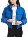 Kissonic Women's Cropped Puffer Jacket Long Sleeve Puffy Coats Quilted Warm Winter Outerwear with Pockets, Blue, Small