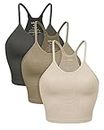 ODODOS Women's Crop 3-Pack Waffle Knit Seamless Camisole Crop Tank Tops, Mushroom+Taupe+Charcoal, Medium/Large