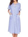 Ekouaer House Dress for Women with Pockets Button Down Duster Housecoat Short Sleeve Patio Dress Nightgown S-XXXL, Striped Blue, Large