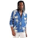 Campus Sutra Men's Cobalt Blue Palm Tree Shirt for Casual Wear | Made with Eco-Liva Fabric | Spread Collar | Rayon Shirt Crafted with Comfort Fit for Everyday Wear(Size-M)