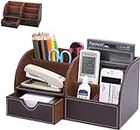 Office Supplies Desk Organizer with Drawer, PU Leather Office Supplies Caddy with Pencil Holder and Storage Baskets for Desktop Accessories, 6 Compartments with Drawer, Brown