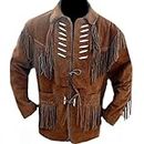 IMOHyperMarket Mens Western Jackets Handmade Native American Fashion Traditional Brown Suede Leather Jacket Fringes Bones Style 1980’s Casual Coat