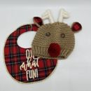 Mud Pie Christmas Bib & Reindeer Hat 0-6M Knit Beanie Red Tartan Plaid Baby
