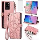 Asuwish Phone Case for Samsung Galaxy S20 Ultra 5G Wallet Cover with Tempered Glass Screen Protector and Flip Zipper Credit Card Holder Stand Cell S20ultra 20S S 20 A20 S2O 20ultra G5 Women Men Pink