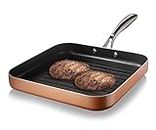 Gotham Steel Copper Cast Non Stick Grill Pan, 10.5" Indoor Stove Top Grill with Stay Cool Handle, Durable Lightweight Bacon Pan/Grill for Stovetop, Even Heating, Dishwasher Oven Safe, 100% Toxin Free