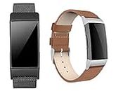 Rouis Compatible with Fitbit Charge 3 Band Strap/Fitbit Charge 4 Band Strap, Metal Bracelet Strap with Unique Magnet Lock + Unique Soft Silicone/Leather Bands for Charge 3 SE for Men/Women