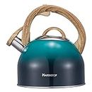 MARSKITOP Tea Kettle Stove Top, Food Grade Stainless Steel Whistling Kettle with Wood Pattern Anti-Hot Handle, 2.64Quart (Green)