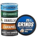 Grinds Coffee Pouches | 6 Can Sampler | Caramel, Black Coffee, Cinnamon Roll, Vanilla, Wintergreen, Spearmint | Tobacco Free, Nicotine Free Healthy Alternative | 1 Pouch eq. 1/4 Cup of Coffee