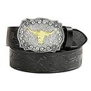 Vikodah Western Leather Cowboy Belts Texas Longhorn Bull Head Buckle Belt Floral Engraved Rodeo Belt for Men, Negro, For waist size 31"-34"