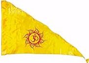 La Jarden® Aum/Om printed in RED on silky satin Yellow triangle flag (पीला झंडा), for Yoga, Meditation, Om shanti bhawan, dhwaj for temple, religious purpose, Om ka jhanda -1 nos (small 26x40in)