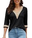 LIOFOER Women's Casual 3/4 Sleeve Shirts Lace V Neck Color Block Dressy Tops Trendy Hollow Floral Blouses T Shirts S-XXL Black