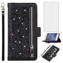 Asuwish Mobile Phone Case for Samsung Galaxy S7 Edge Case with Screen Protector and Card Slot Foldable Leather Glitter Wallet Stand S7Edge 7S S 7 Edge SM-G935F Cases Protective Phone Case Black