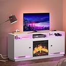 HOOBRO Electric Fireplace TV Stand with LED Lights and Power Outlets, White TV Console for 32" 43" 50" 55" 65", Entertainment Center with Storage and Adjustable Glass Shelves, White WT88UDDS01