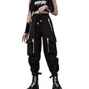 MEINVQIAOTI Black Cargo Pants Women Loose Chained Pants Multi-Pocket Multi-Zip Punk Goth Pants (as1, Alpha, m, Regular, Regular, Black)