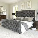 AMERLIFE King Size Platform Bed Frame, Velvet Upholstered Bed with Deep Button Tufted & Nailhead Trim Wingback Headboard/No Box Spring Needed/Grey