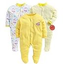 EIO® 100% Cotton Rompers Sleepsuits Jumpsuit Night Suits for Infants Newborn Baby Boys & Girls Pack of 3 (0-3 Months, Yellow) (0-3 Months, Yellow)