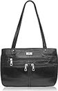 K London Leather Handbag, Ladies Designer Shoulder Bag, 3 Large Main Sections - Medium Size (KL_172_Black)