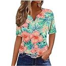 Today Deals Women's Summer Casual Henley T-Shirts Cute Short Sleeve V Neck Button Up Tops Boho Tropical Print Shirts Coupons and Promo Codes for Discount Today
